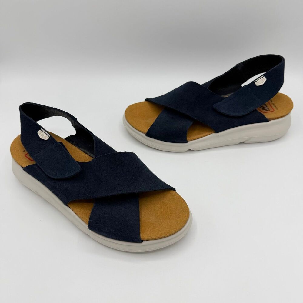 ON FOOT Navy Blue Suede Crossover Slingback Platform Sandals Size 37 / US 6.5
